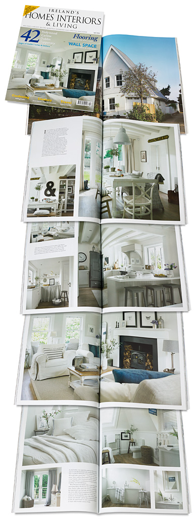 The cover plus pages 56 to 69 in the April 2018 issue of Ireland's Homes Interiors & Living magazine featuring Marie & Alan McMillen's renovated 1960's home near Holywood in County Down.