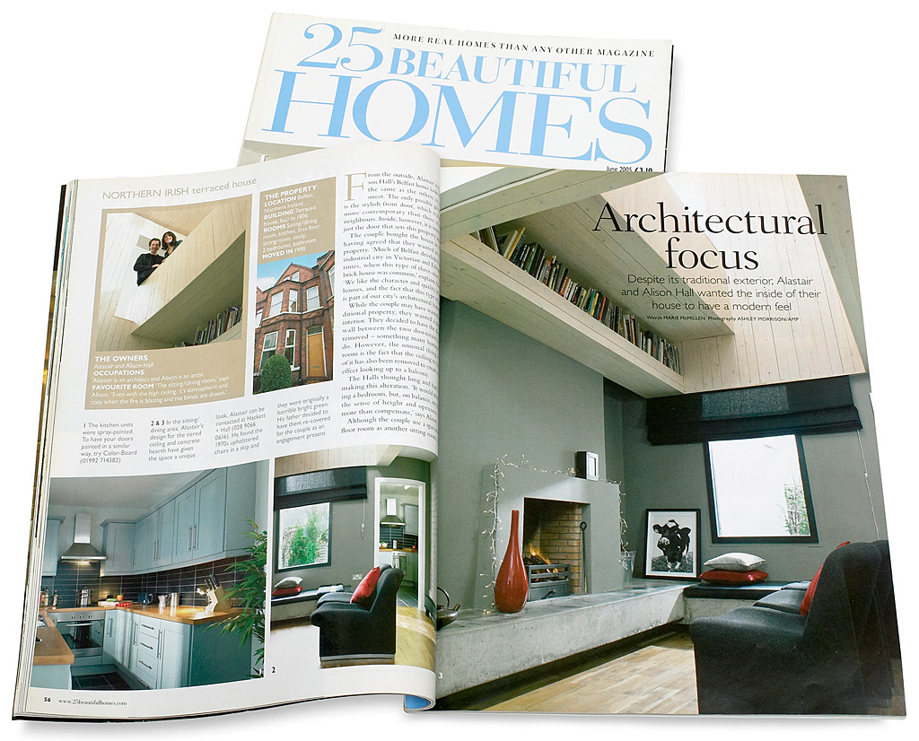 Pages 56 to 59 in the June 2005 issue of 25 Beautiful Homes magazine featuring Alison and Alastair Hall's renovated terraced house in Belfast.