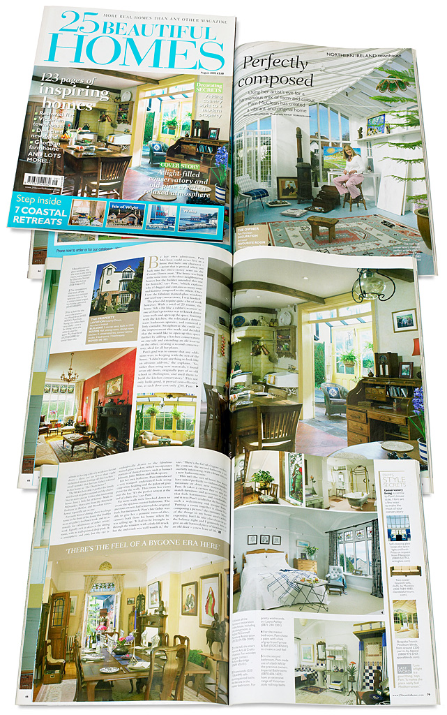 The cover plus pages 75 to 79 in the August 2005 issue of 25 Beautiful Homes magazine featuring Pam McClean's 3-storey semi-detached townhouse in the County Down town of Bangor.