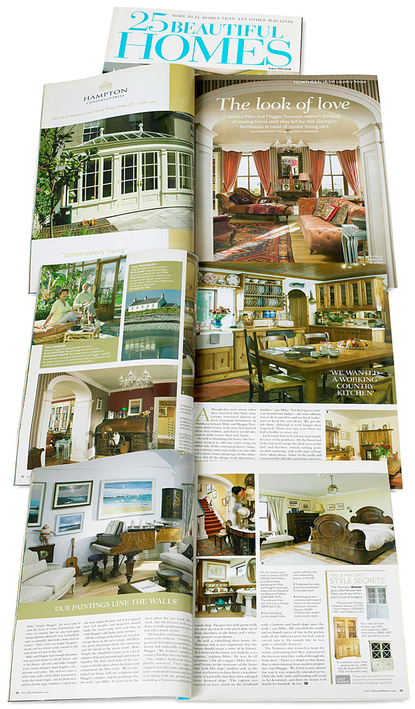 Pages 21 to 25 in the August 2005 issue of 25 Beautiful Homes magazine featuring Maggie and Mike Yeomans' extended Georgian farmhouse near the County Down town of Portaferry.