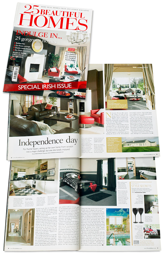 The Special Irish Issue cover plus pages 28 to 31 in the September 2005 issue of 25 Beautiful Homes magazine featuring Rachel Sayers' single-storey new-build near Newtownards in County Down.