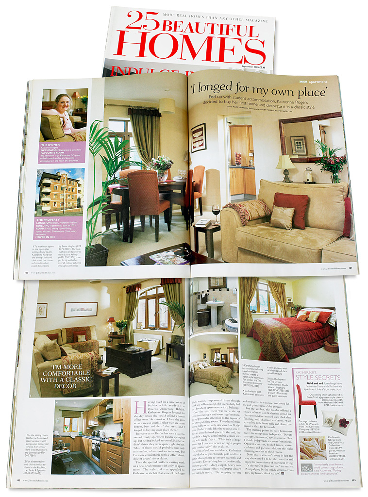 Pages 100 to 103 in the September 2005 issue of 25 Beautiful Homes magazine featuring Katherine Rogers' apartment in the Malone area of Belfast.
