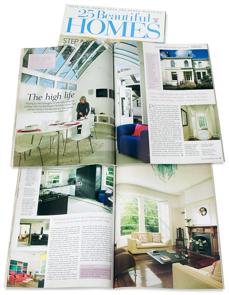 Pages 92 to 96 in the August 2006 issue of 25 Beautiful Homes magazine featuring David and Patricia McNeilly's ground floor apartment in an 1840's Victorian mansion in Belfast.