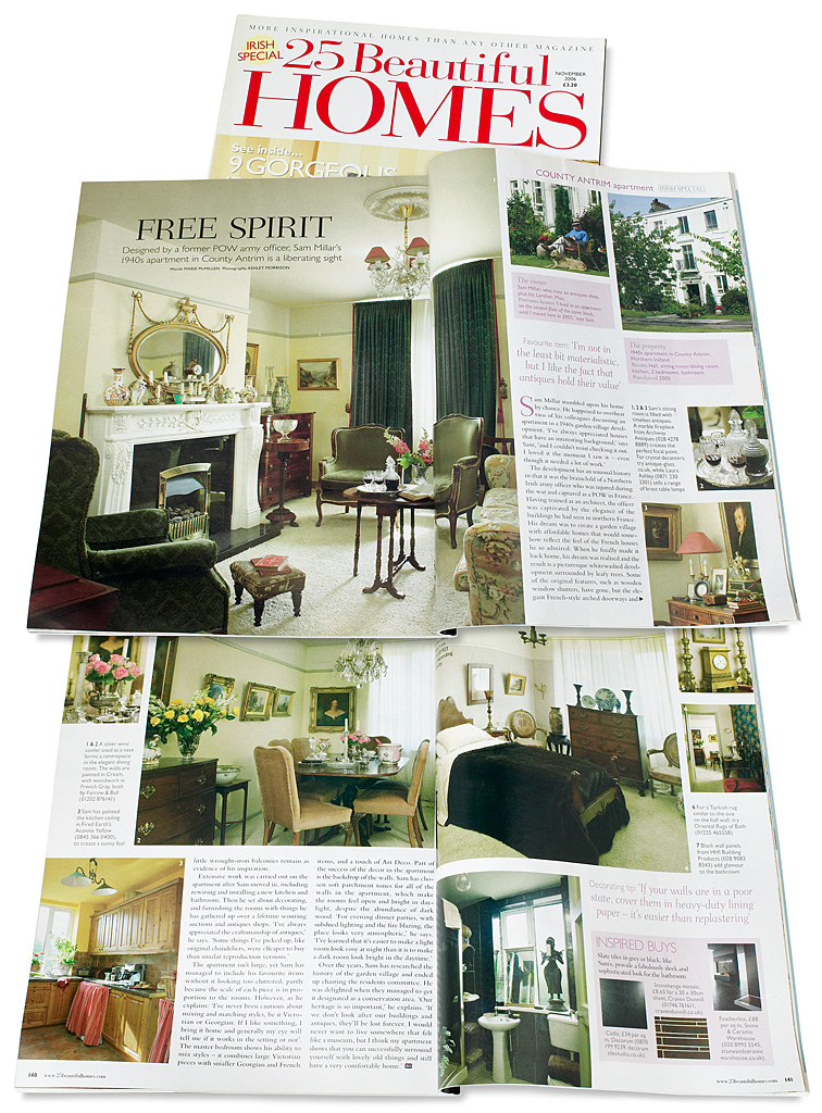 Pages 138 to 141 in the November 2006 issue of 25 Beautiful Homes magazine featuring Sam Millar's apartment in a 1940s garden village development near Belfast in County Antrim.