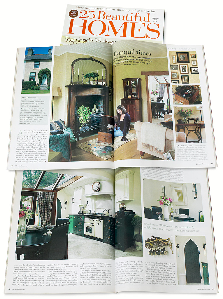 Pages 100 to 104 in the February 2007 issue of 25 Beautiful Homes magazines featuring Julie and David Morrow's two-bedroom terraced cottage near Comber in County Down.