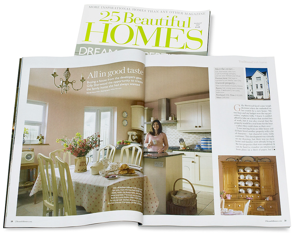 Pages 20 to 23 in the August 2007 issue of 25 Beautiful Homes magazine featuring Gilly Sherwood's new-build apartment in the County Down town of Donaghadee.