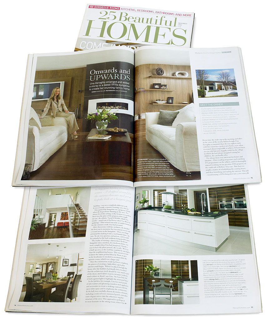 Pages 74 to 78 in the November 2008 issue of 25 Beautiful Homes magazine featuring Una & Ken Geraghty's 70's bungalow near Holywood in County Down.