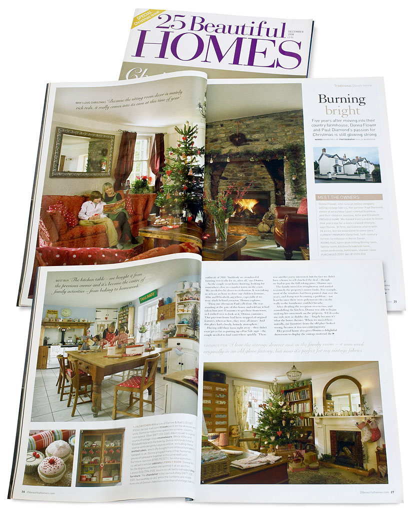 Pages 24 to 28 in the December 2008 issue of 25 Beautiful Homes magazine featuring Donna & Paul Flower's farmhouse located near Bideford in Devon.