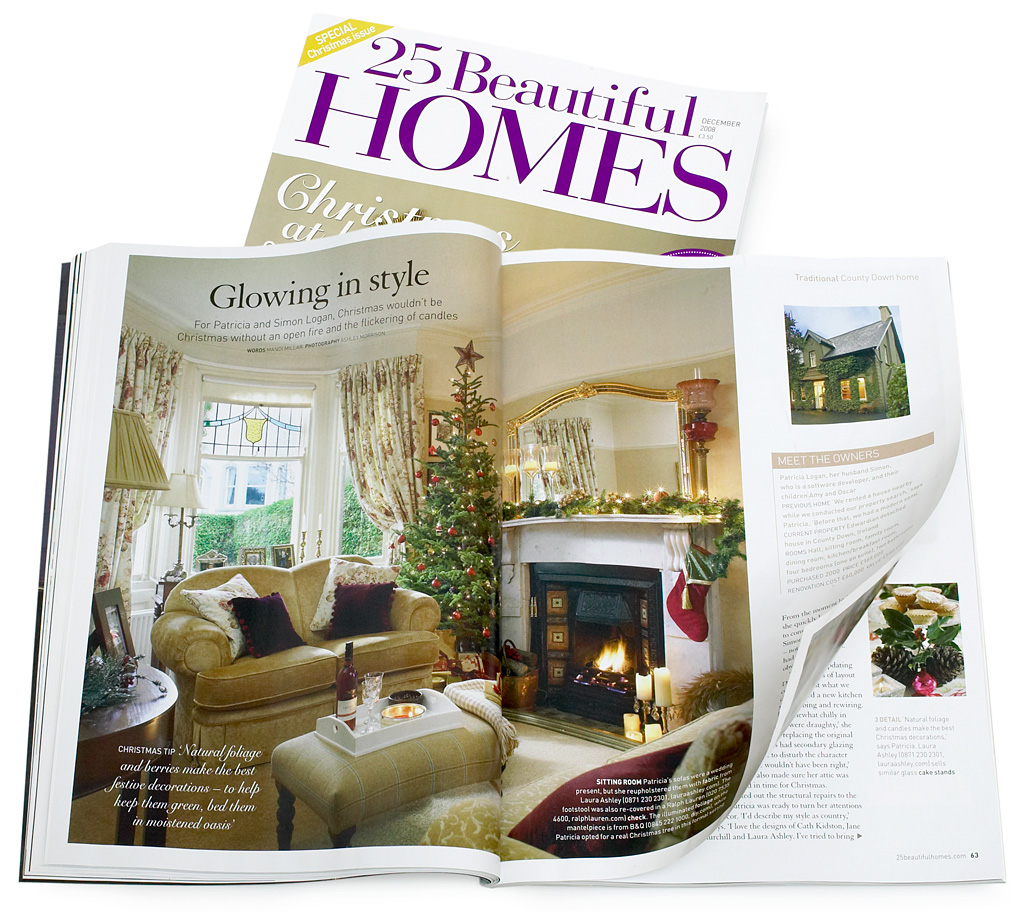Pages 60 to 63 in the December 2008 issue of 25 Beautiful Homes magazine featuring Patricia and Simon Logan's Edwardian detached house in the County Down town of Bangor at Christmas time.