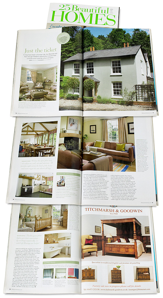 Pages 78 to 82 in the April 2009 issue of 25 Beautiful Homes magazine featuring Nick and Belinda Hough-Robbins' 200-year-old detcahed farmhouse near Reading in Oxfordshire. 