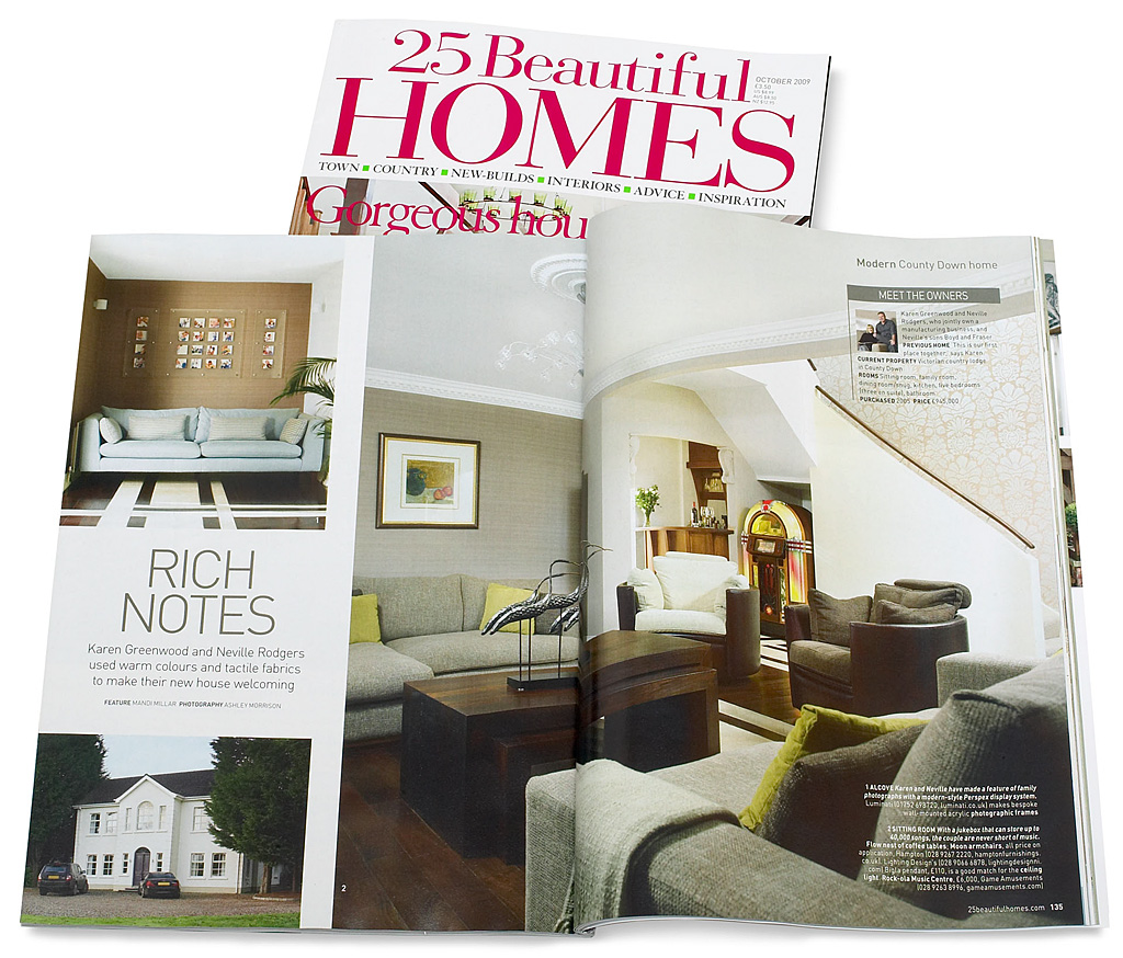 Pages 134 to 137 in the October 2009 issue of 25 Beautiful Homes magazine featuring Karen Greenwood and Neville Rodgers' Victorian country lodge near Hillsborough in County Down.