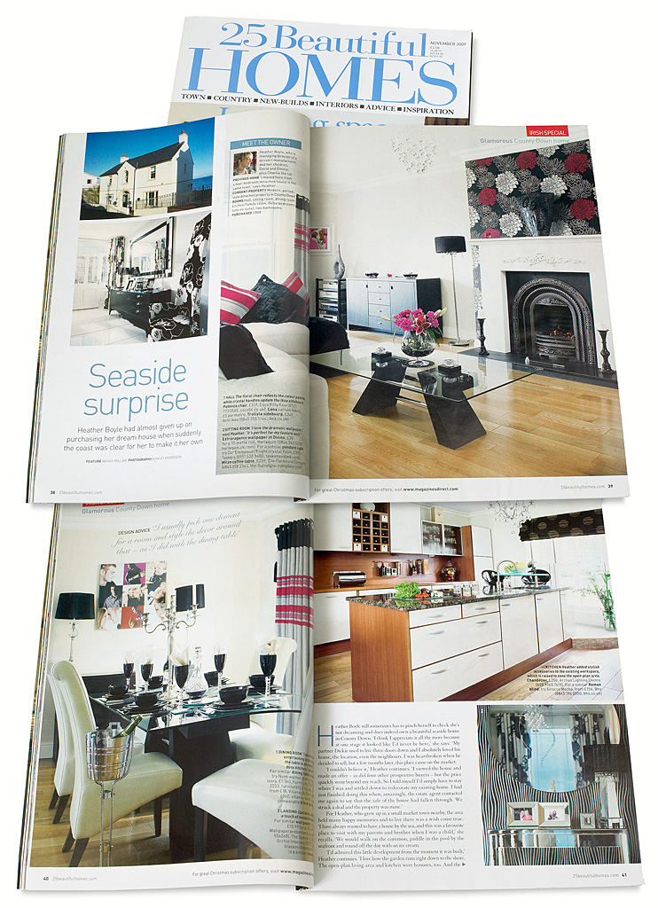 Pages 44 to 48 in the November 2009 issue of 25 Beautiful Homes magazine featuring Heather Boyle's modern period-style detached house in the County Down sea-side town of Donaghadee.