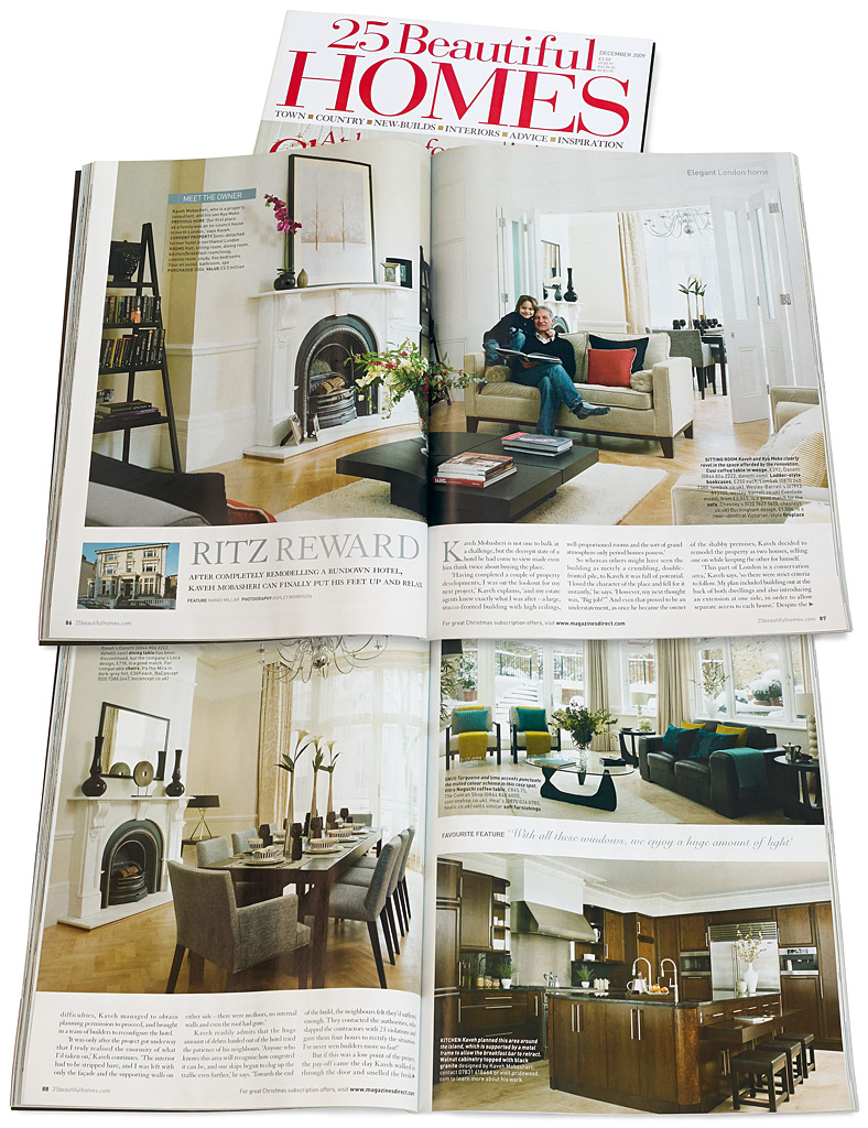 Pages 86 to 90 in the December 2009 issue of 25 Beautiful Homes magazine featuring Kaveh Mobasheri's semi-detached house in the Camden area of London.