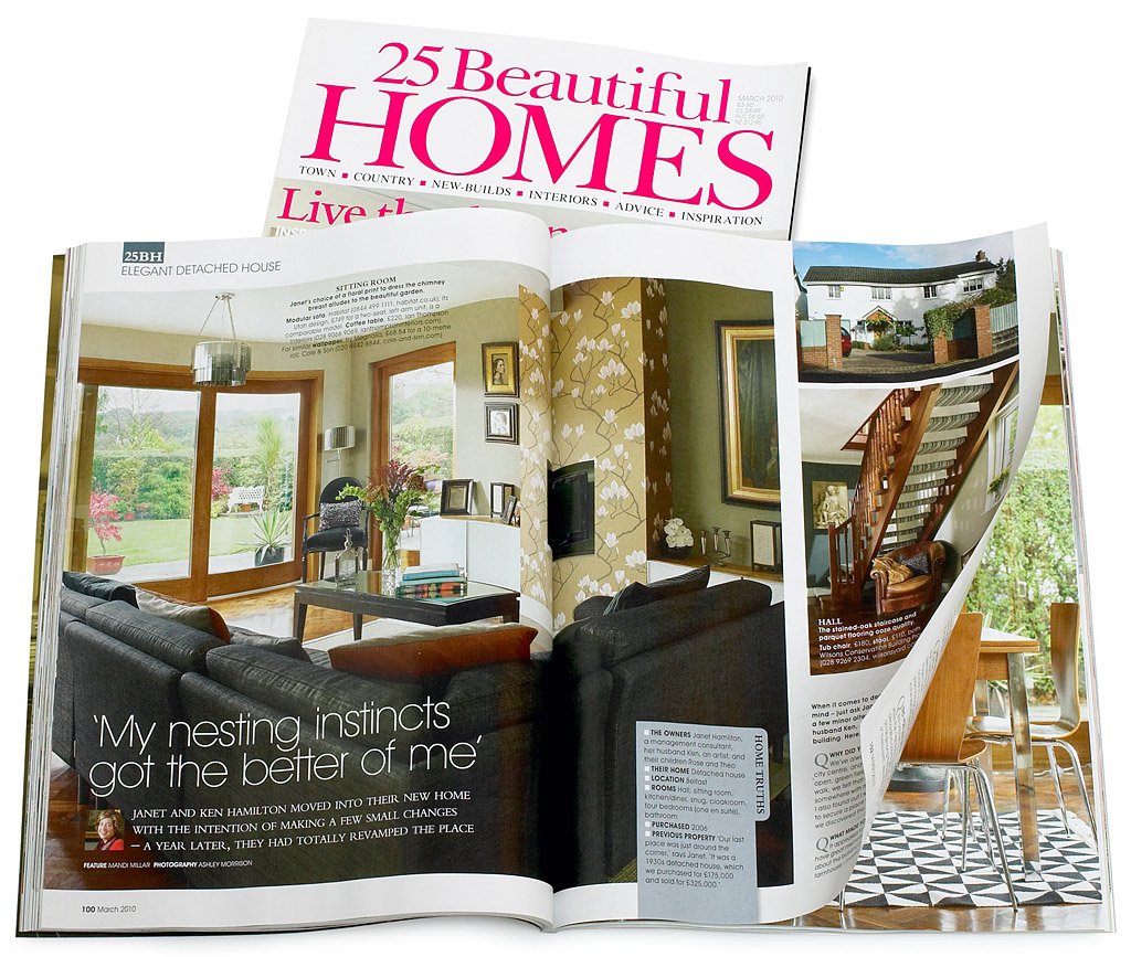 Pages 100 to 105 in the March 2010 issue of 25 Beautiful Homes magazine featuring Janet and Ken Hamilton's detached house on the outskirts of Belfast.