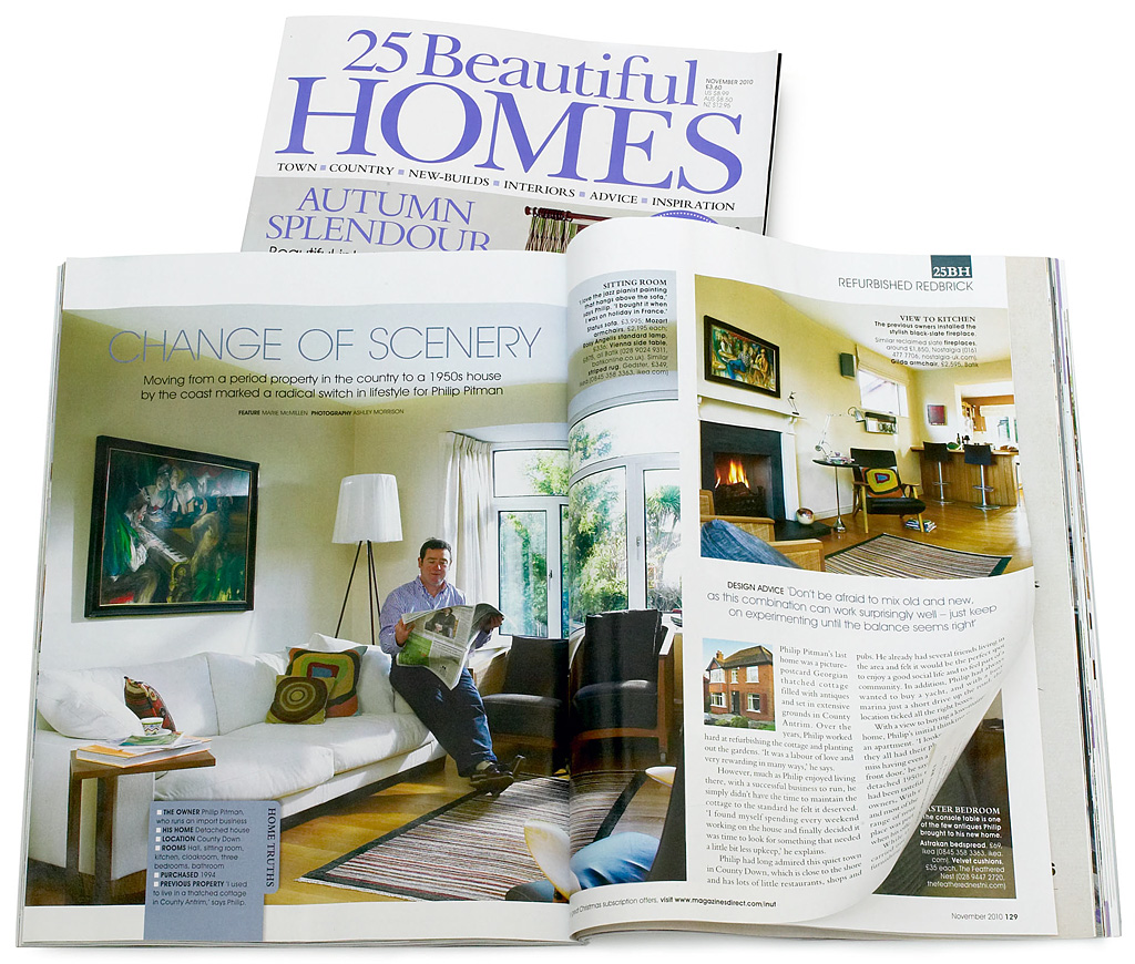 Pages 126 to 129 in the November 2010 issue of 25 Beautiful Homes magazine featuring Philip Pitman's 1950s detached house on the outskirts of Holywood in County Down.