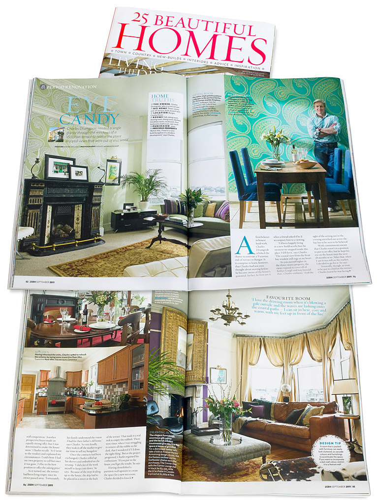 Pages 82 to 86 of the September 2011 issue of 25 Beautiful Homes magazine - featuring Charles Drumgoold's three story waterfront terraced in the County Down town of Bangor by Mandi Millar, Marie McMillen and Ashley Morrison.