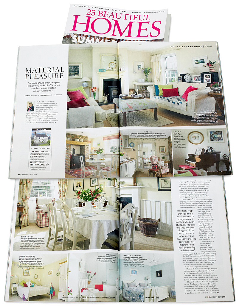 Pages 86 to 89 in the August 2013 issue of 25 Beautiful Homes magazine featuring Ruth & David Black's farmhouse near Templepatrick in County Antrim.