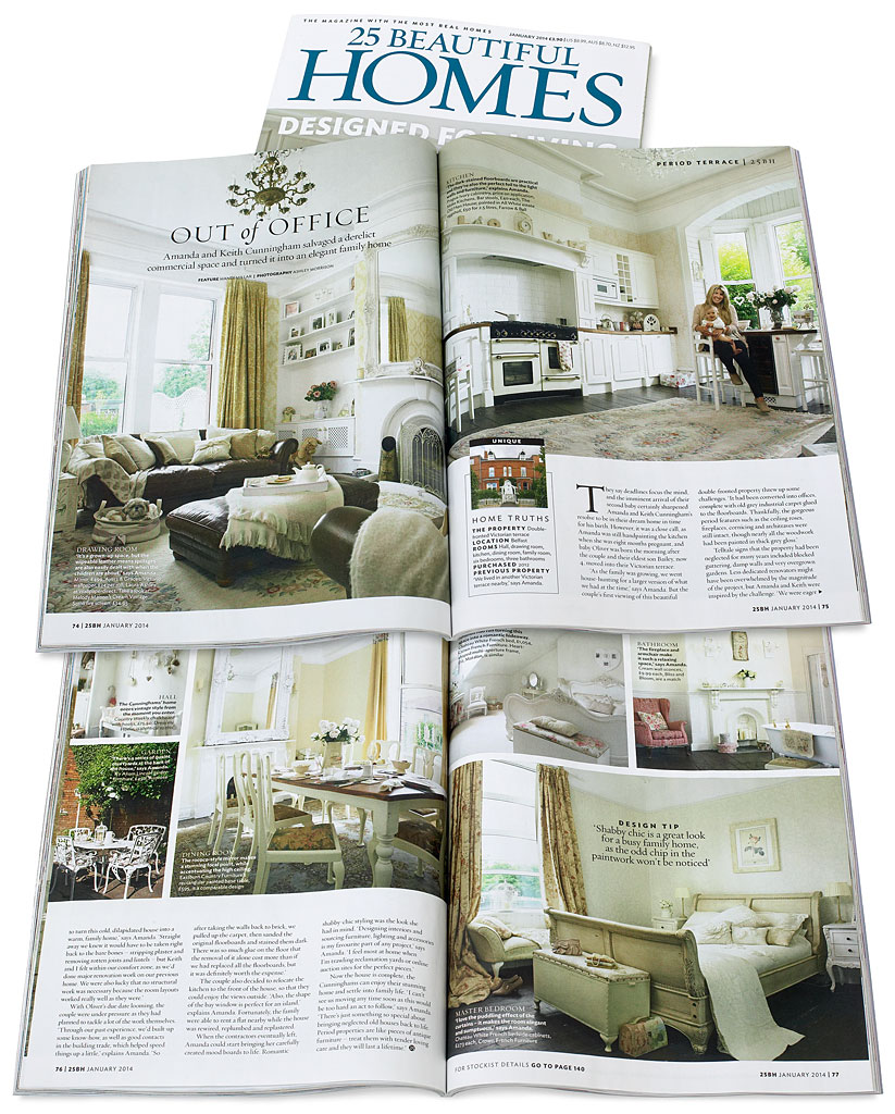 Pages 74 to 77 in the January 2014 issue of 25 Beautiful Homes magazine - featuring Keith & Amanda Cunningham's renovated double fronted mid terrace home in Belfast