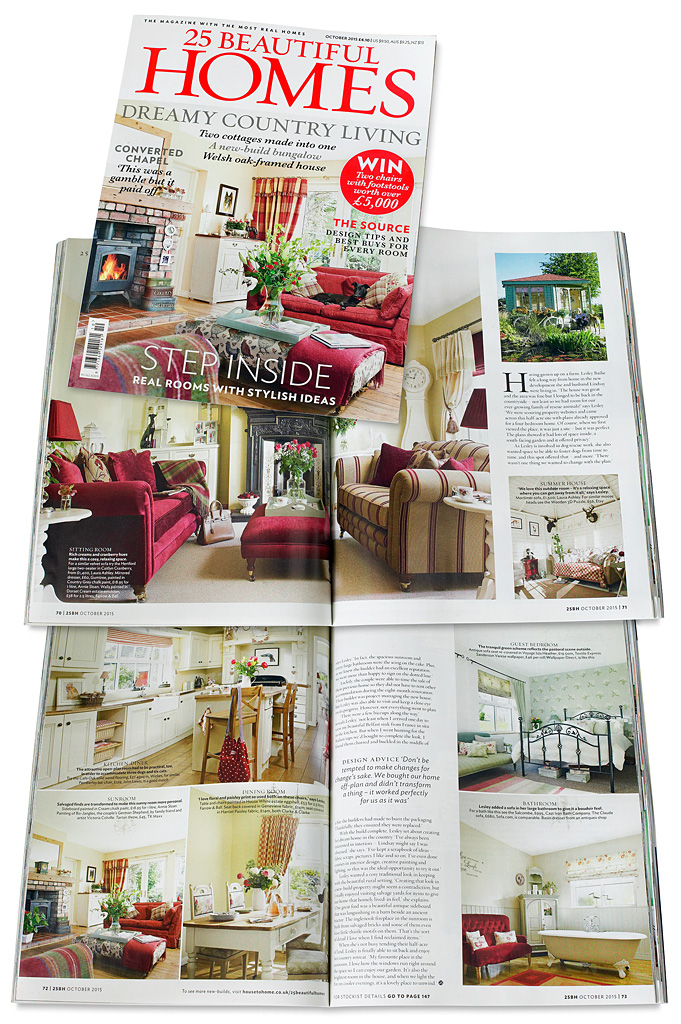 The cover plus pages 70 to 73 in the October 2015 issue of 25 Beautiful Homes magazine - featuring Lesley and Lindsay Anderson's cottage style bungalow near Portaferry in County Down.