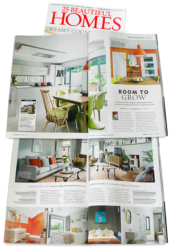 Pages 116 to 119 in the October 2015 issue of 25 Beautiful Homes magazine - featuring Patricia McGinnis' detached family home in Belfast.