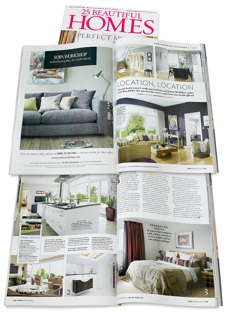 Pages 107 to 109 in the March 2016 issue of 25 Beautiful Homes magazine featuring Anna & Jamie McMinnis's contemporary detached house which overlooks the County Down town of Holywood and Belfast Lough.