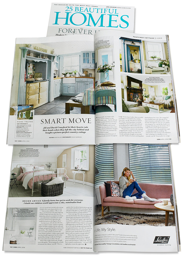 Pages 130 to 132 in the April 2016 issue of 25 Beautiful Homes magazine featuring Jill & David Crawford's thatched cottage near the town of Portaferry in County Down.