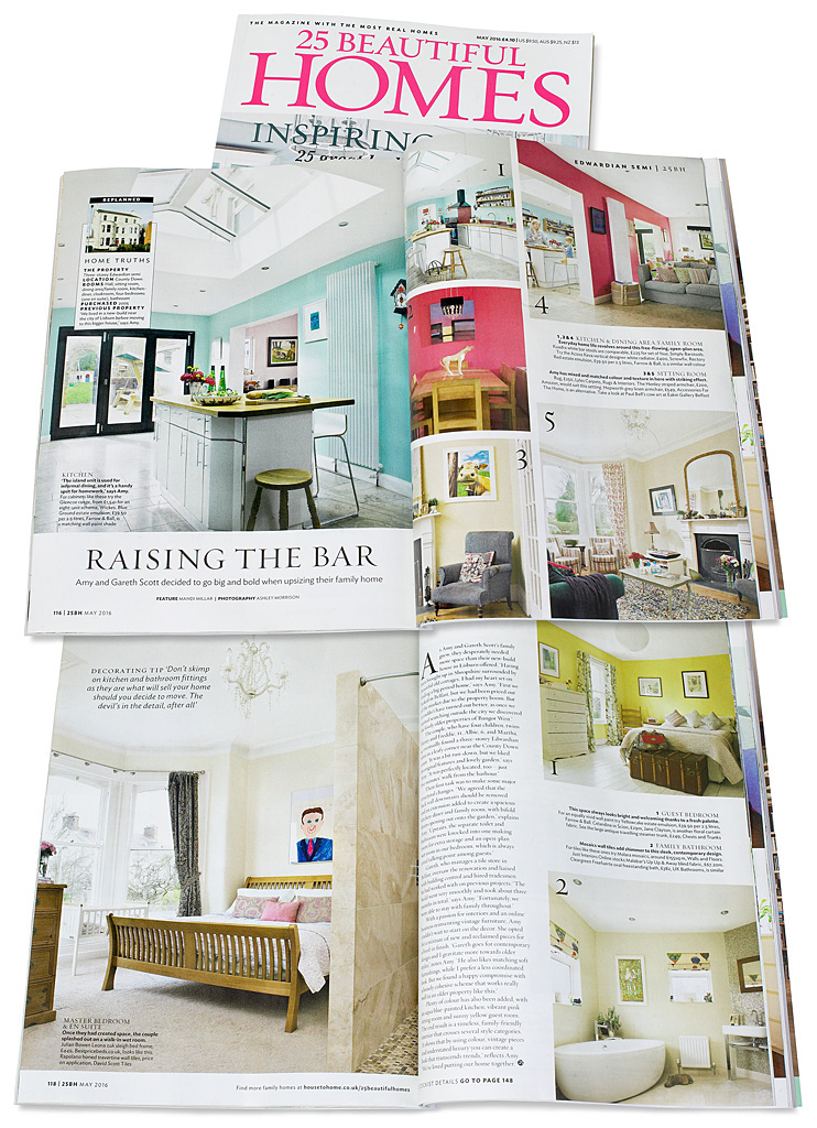 Pages 116 to 119 in the May 2016 issue of 25 Beautiful Homes magazine featuring Amy & Gareth Scott's semi-detached period house in the County Down town of Bangor.