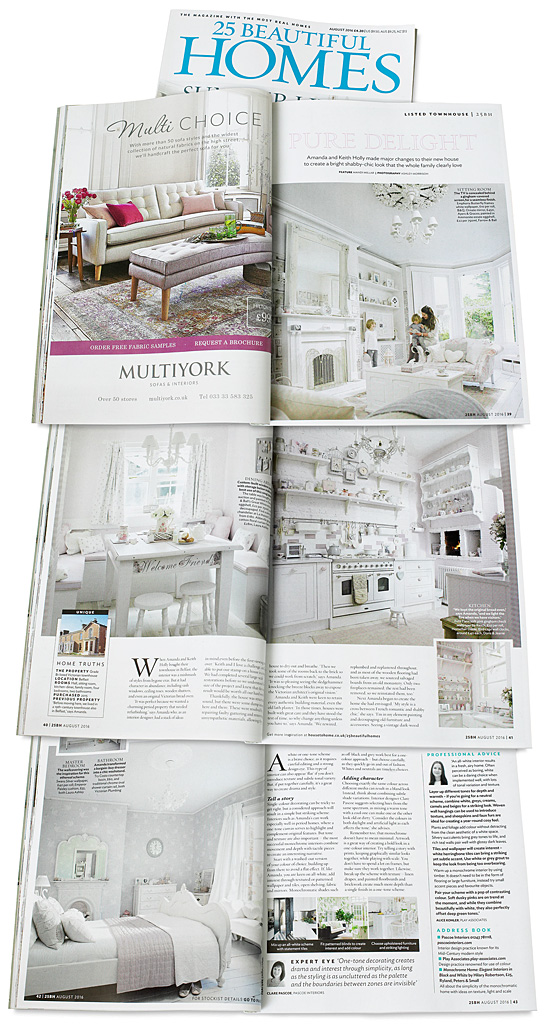 Pages 39 to 43 in the August 2016 issue of 25 Beautiful Homes magazine featuring Amanda and Keith Holly's renovated Victorian townhouse in Belfast.