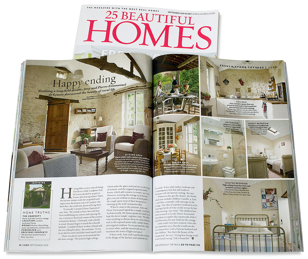 Pages 78 to 79 in the September 2016 issue of 25 Beautiful Homes magazine featuring Amy and Pierre-Emmanuel de Leusse's stone-bulit 18th-century cottage.