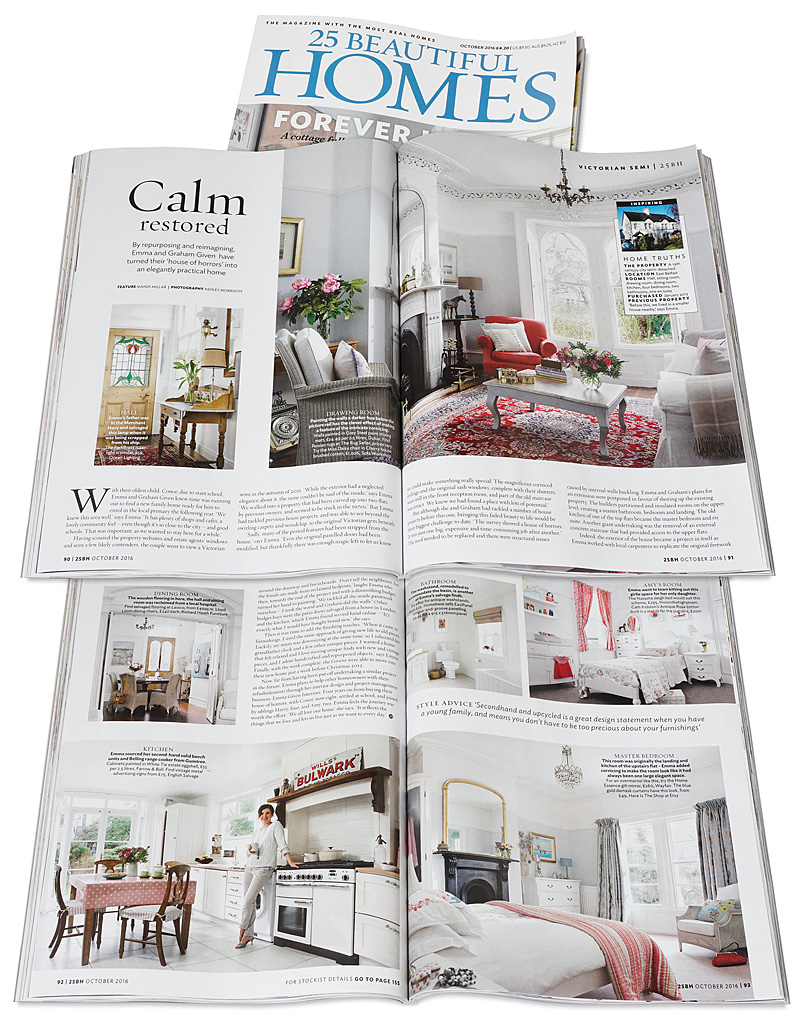 Pages 90 to 93 in the October 2016 issue of 25 Beautiful Homes magazine featuring Emma and Graham Cooper's Victorian semi detached house in Belfast.