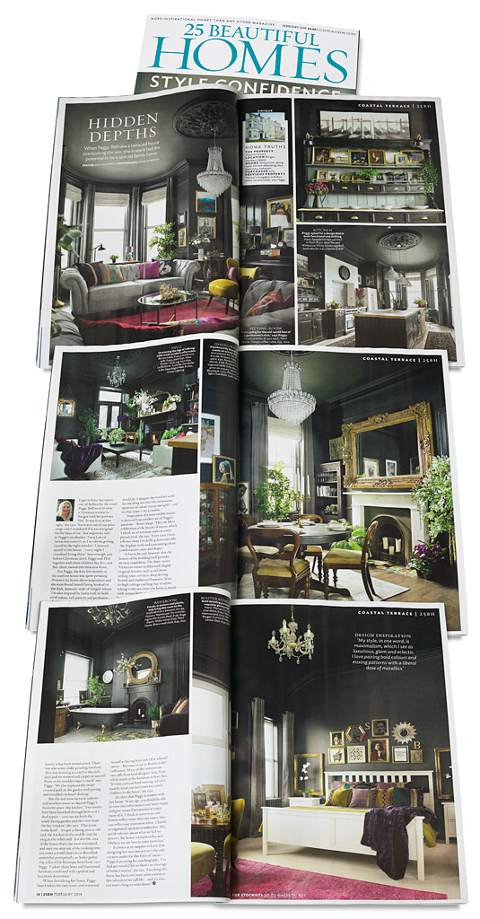 Pages 10 to 15 in the February 2019 issue of 25 Beautiful Homes magazine featuring Peggy and Phil Bell's townhouse which overlooks Ballyholme Bay in the County Down town of Bangor.