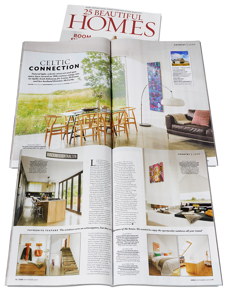Pages 74 to 77 in the November 2020 issue of 25 Beautiful Homes magazine featuring Louise McGuane and her husband Dominic McCarthy's renovated four-bedroom extended stone cottage called 'The Safe House' near the village of Cooraclare in County Clare.