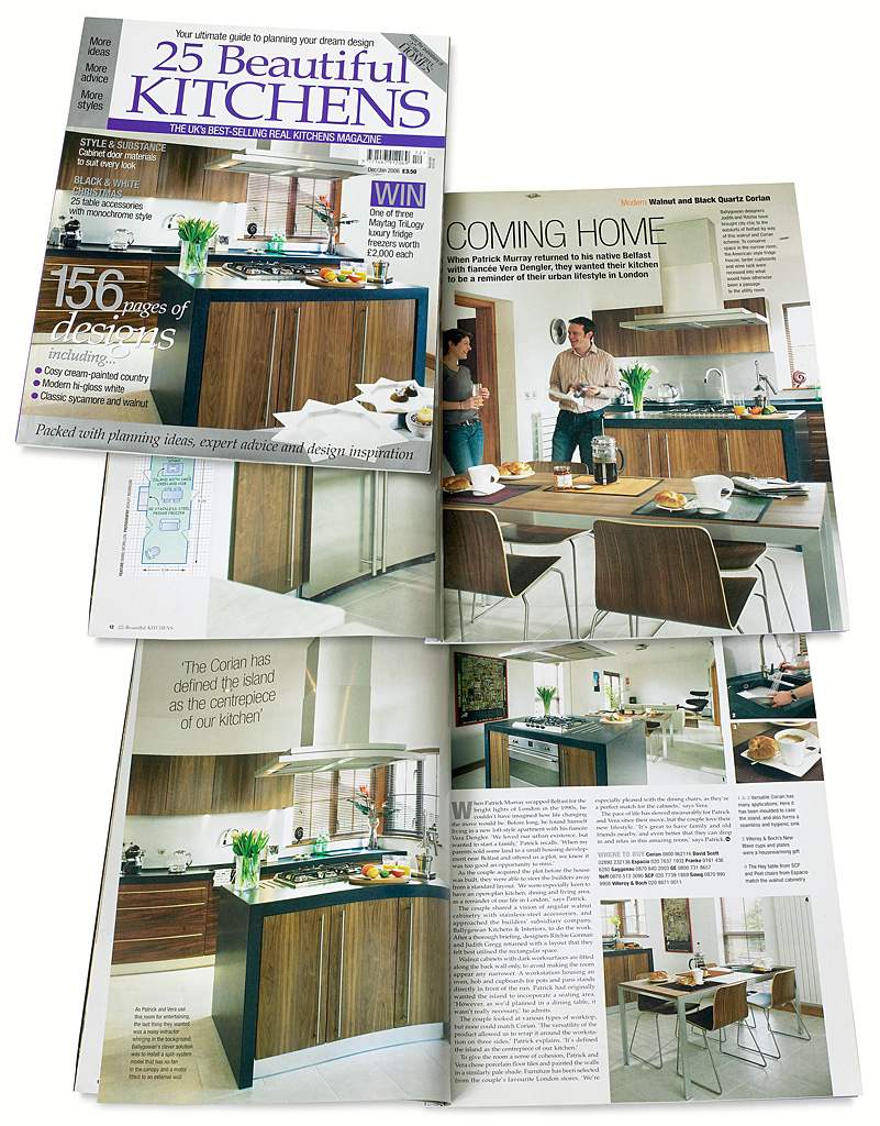 The cover plus pages 12 to 16 in the Dec / Jan 2006 issue of 25 Beautiful Kitchens magazine featuring the kitchen in Vera & Patrick Murray's new bulid semi in Belfast.