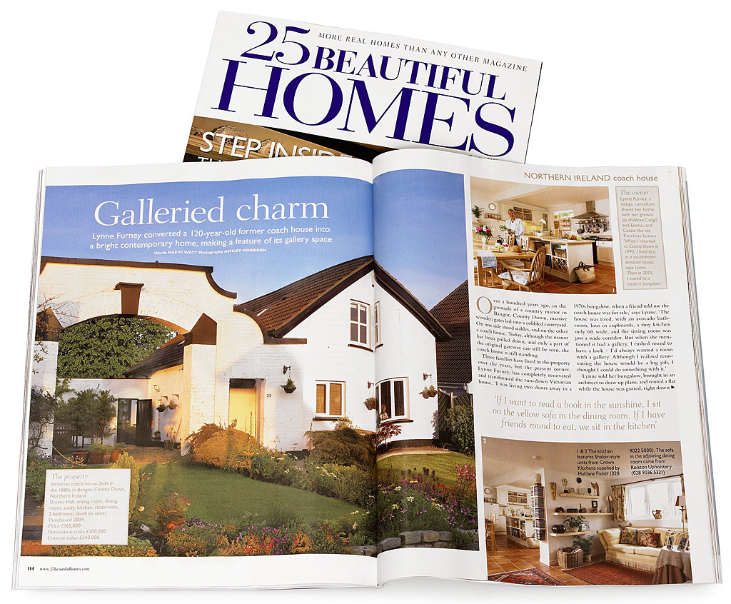 Pages 114 to 119 in the October 2005 issue of 25 Beautiful Homes magazine featuring Lynne Furney's converted Coach House in the County Down town of Bangor