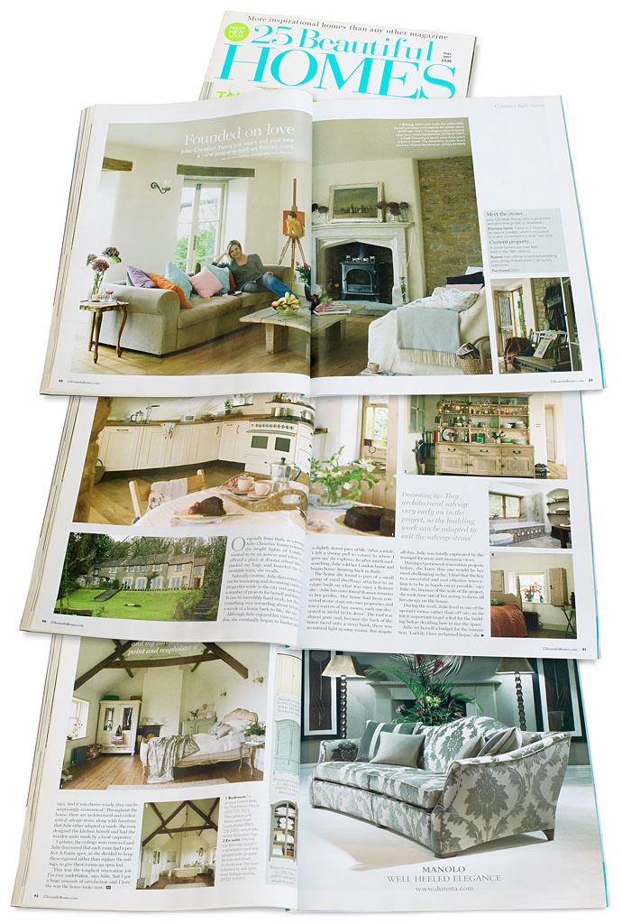 Pages 88 to 92 in the May 2007 issue of 25 Beautiful Homes magazine featuring Julie-Christian Young's stone farmhouse near Bath.