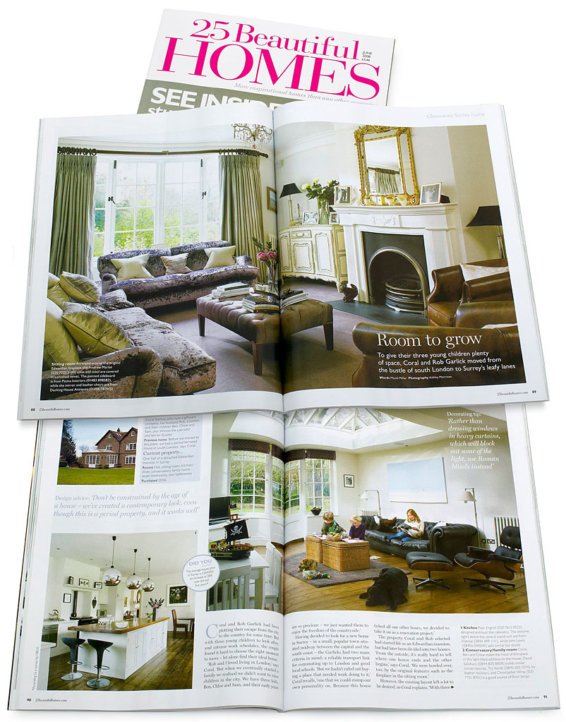 Pages 88 to 92 of the June 2008 issue of 25 Beautiful Homes magazine featuring Coral & Rob Garlick's Edwardian mansion located near Godalming in Surrey.