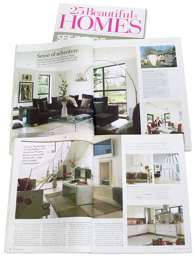 Pages 38 to 42 in the June 2008 issue of 25 Beautiful Homes magazine featuring Maggie and Trevor Mawhinney's detached new-build house near Holywood in County Down.