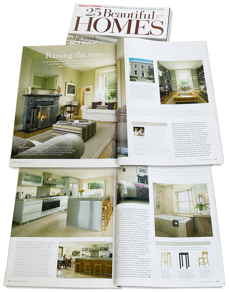 Pages 112 to 115 in the February 2009 issue of 25 Beautiful Homes magazine featuring Louise & Maoilíosa Reynolds' home in the Sandycove area of Dublin.