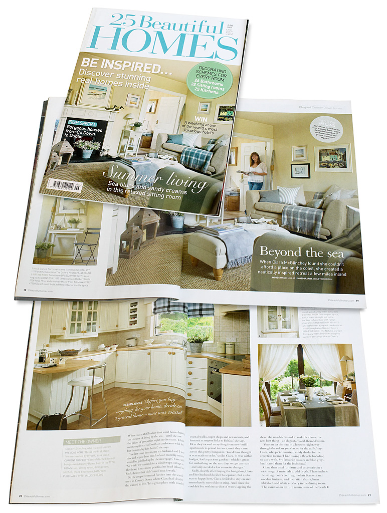 The cover plus pages 18 to 23 in the June 2009 issue of 25 Beautiful Homes magazine featuring Ciara McGlinchey's detached bungalow in the County Down town of Bangor.