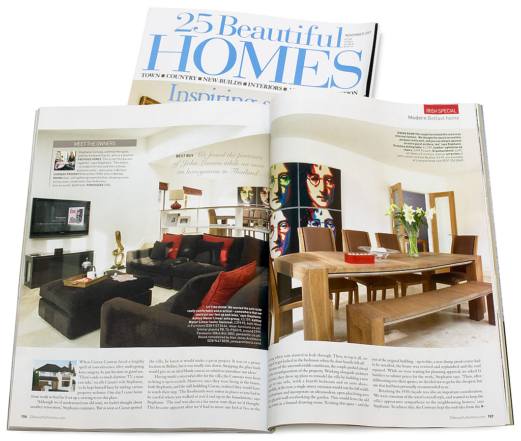 Pages 156 to 159 in the November 2009 issue of 25 Beautiful Homes magazine featuring Stephanie and Ciaran Conway's detached 1930s villa in Belfast.