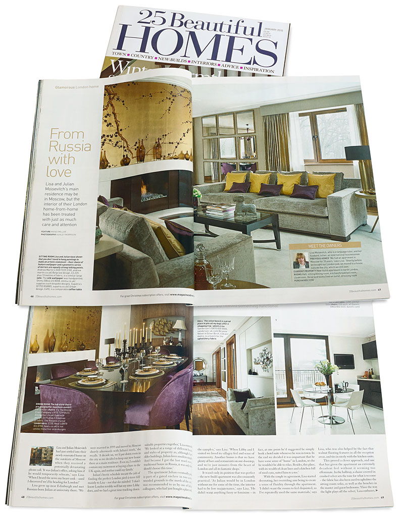 Pages 46 to 50 in the January 2010 issue of 25 Beautiful Homes magazine - featuring Lisa and Julian Moisevitch's apartment on The Bishops Avenue in London by Ashley Morrison & Marie McMillen.