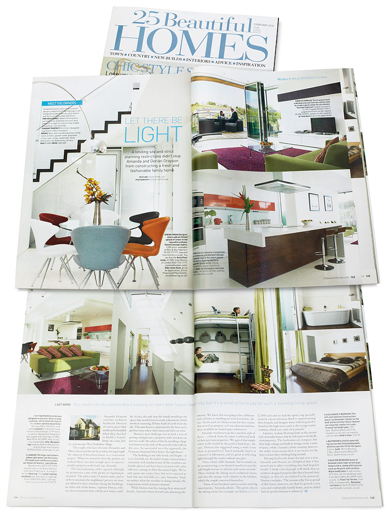 Pages 142 to 145 in the February 2010 issue of 25 Beautiful Homes magazine featuring Amanda and Dorian Grayson's architect-designed new-build in Huddersfield.