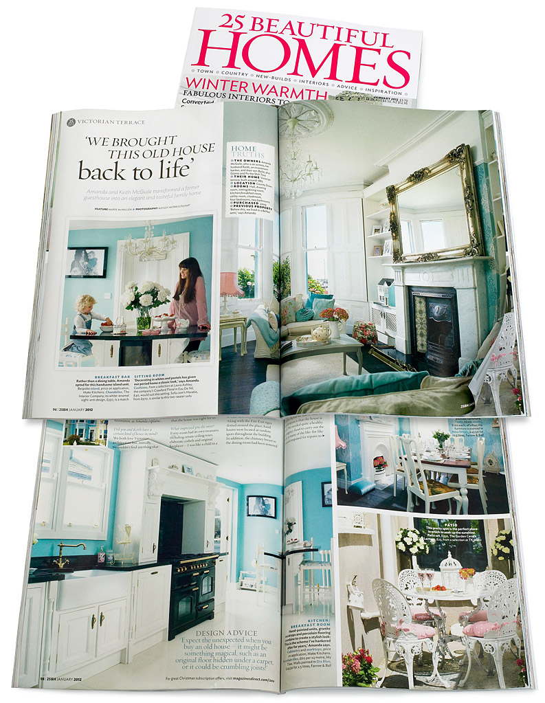 Pages 96 and 100 in the January 2012 issue of 25 Beautiful Homes magazine featuring Amanda & Keith McGuile's mid terrace family home overlooking Bangor Marina in County Down.