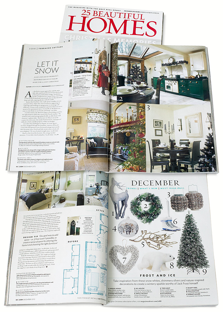 Pages 66 to 68 in the December 2012 issue of 25 Beautiful Homes magazine featuring Julie & David Morrow's cottage near Comber in County Down at Christmas.