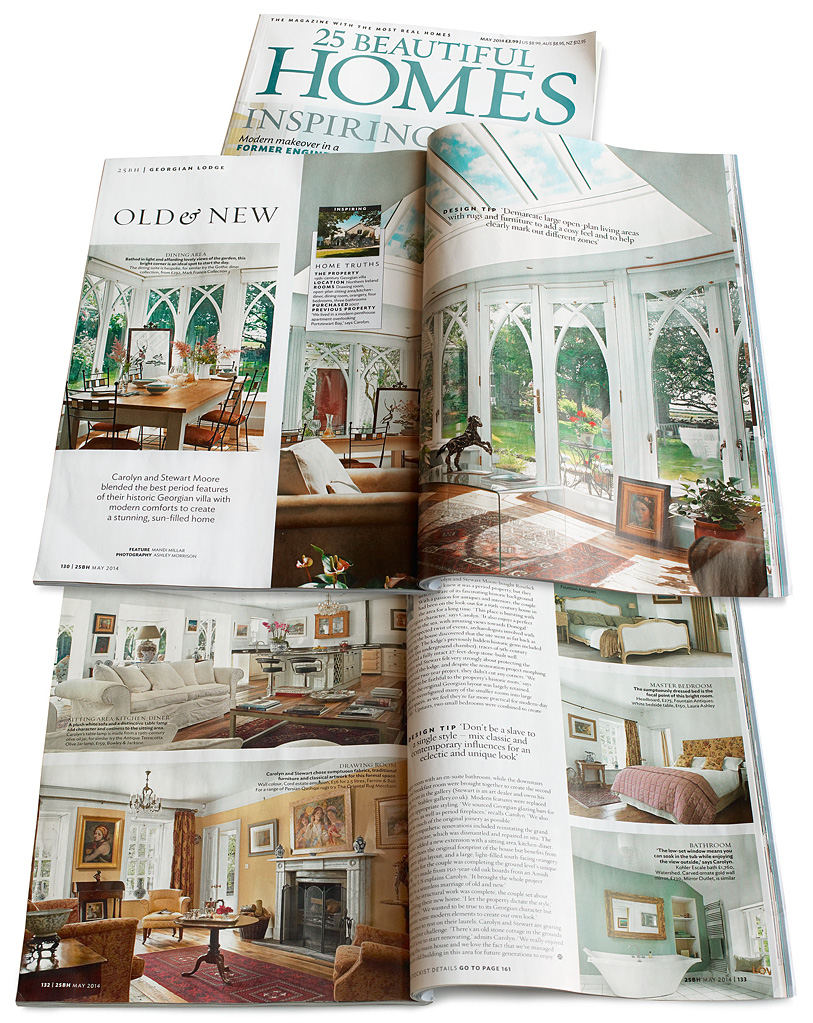 Pages 130 to 133 in the May 2014 issue of 25 Beautiful Homes magazine featuring Carolyn & Stewart Moore's Georgian house near Portstewart in Country Antrim.