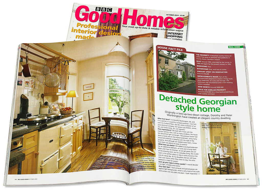 Pages 106 to 110 in the October 2004 issue of BBC Good Homes magazine featuring Dorothy and Peter Worthington's detached country house near Saintfield in County Down.