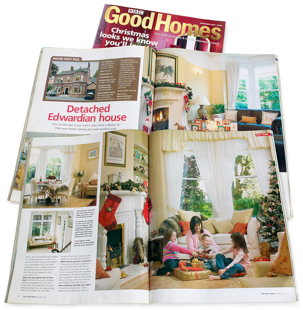 Pages 100 to 106 in the December 2004 issue of BBC Good Homes magazine featuring Orla & Brendan Doran's detached Edwardian house in Belfast.