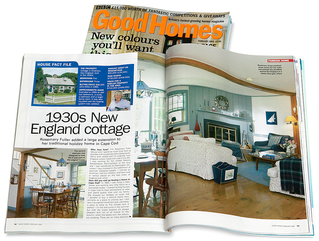 Pages 108 to 113 in the February 2006 issue of BBC Good Homes magazine featuring Rosemary Fuller's 1930s Cape Cod cottage in the New England town of Chatham.