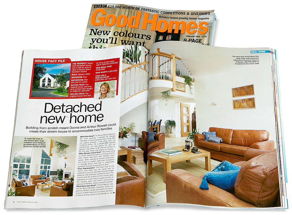 Pages 76 to 82 in the February 2006 issue of BBC Good Homes magazine featuring Donna and Arthur Rowell's newly built detached house near the coastal town of Donaghadee in County Down.