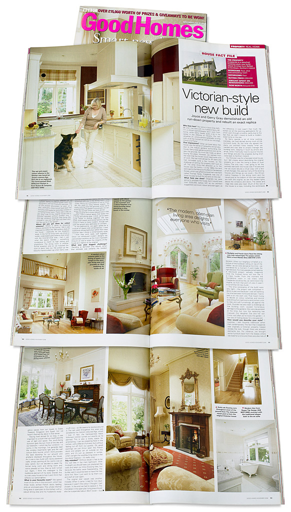 Pages 98 to 104 in the November 2006 issue of BBC Good Homes magazine featuring Joyce and Gerry Gray's detached Victorian-style new build house near Helens Bay in County Down.